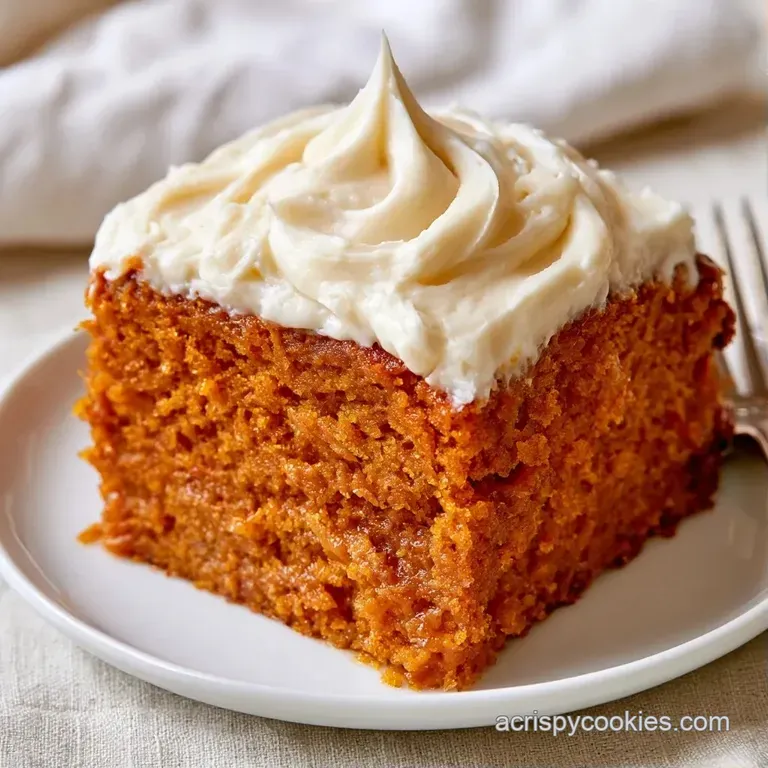 A precise slice of moist orange sponge cake with smooth white frosting served on a porcelain plate with a silver fork.