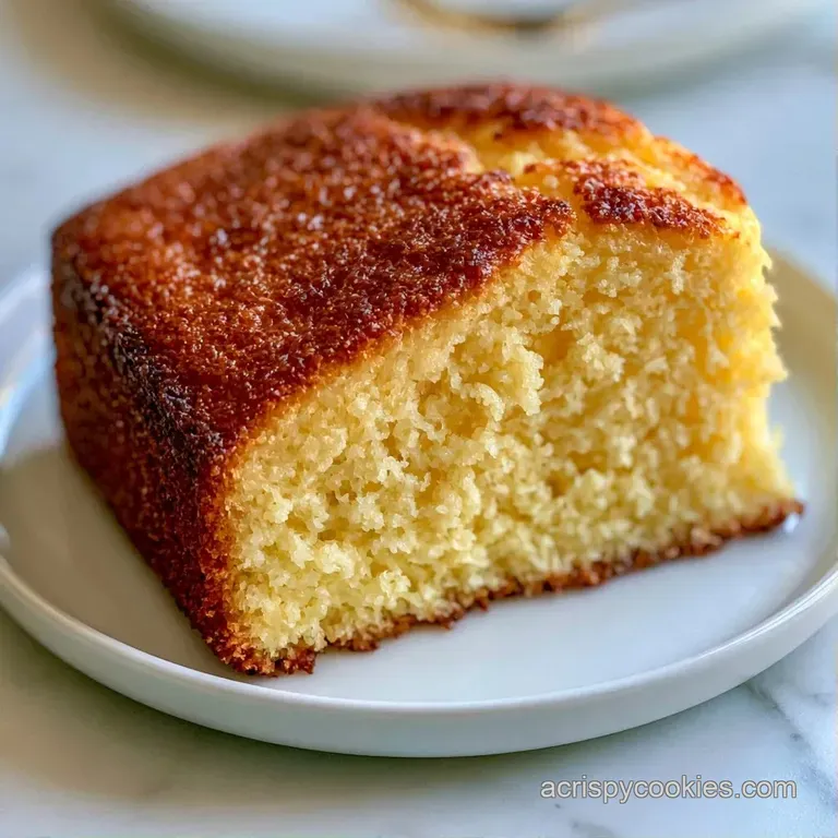 A fluffy slice of yellow cake dusted with powdered sugar and paired with fresh raspberries on a white ceramic plate.