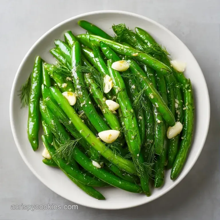 Vibrant green bean spears neatly stacked on a white ceramic plate, glistening with a light, acidic glaze.