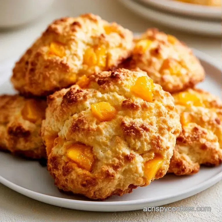 A stack of soft, pale gold cookies on a white ceramic plate, dusted with powdered sugar and fresh peach slices.