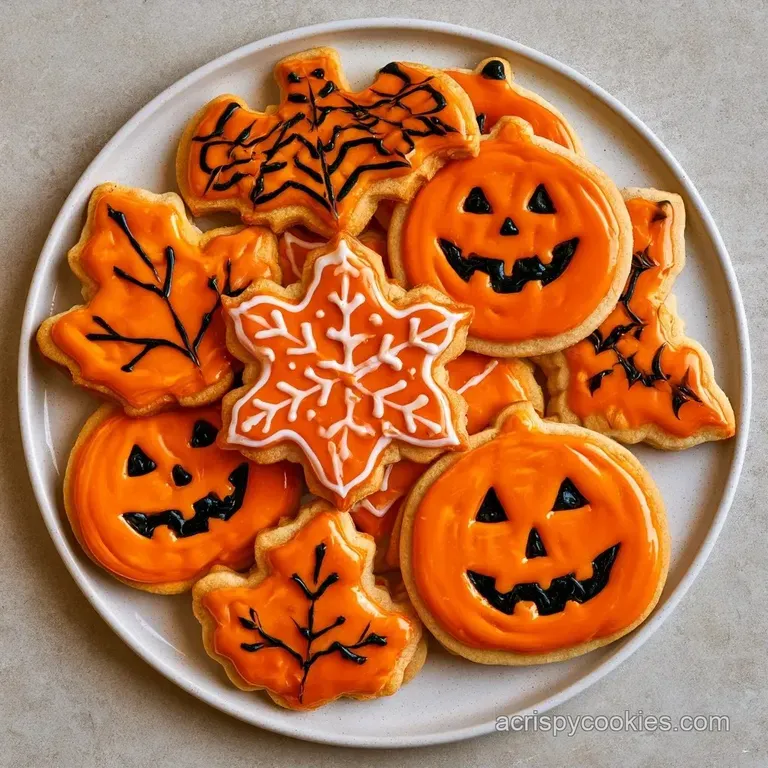 A platter of vibrant orange and purple sugar cookies arranged neatly on a matte black slate with autumn leaves.