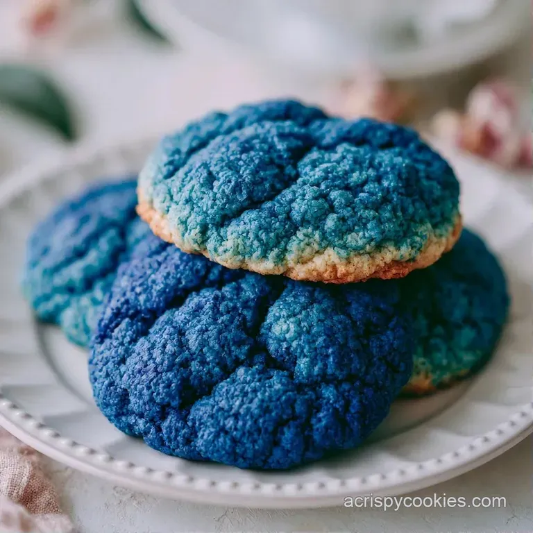 Vibrant blue cookies arranged on a white ceramic platter, accented with chocolate chips and colorful sprinkles.