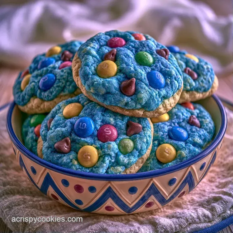 A stack of bright azure cookies with chocolate chunks and candy eyes arranged on a white ceramic platter.