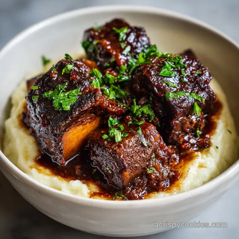 Elegant plate showcasing a portion of slow-cooked short ribs with creamy polenta, garnished with fresh herbs and a drizzle...