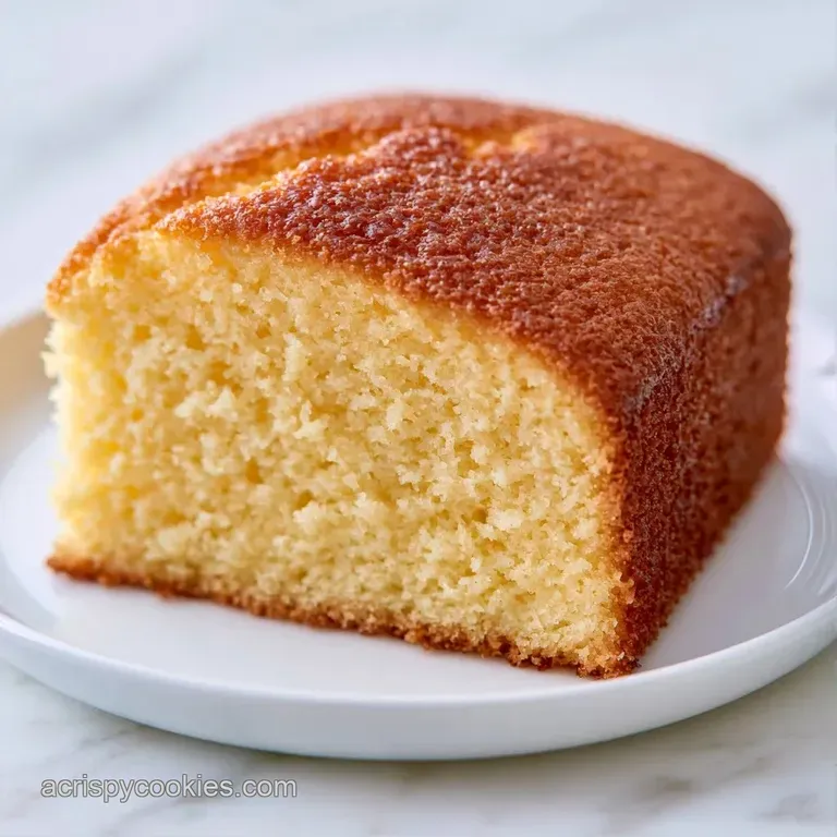 A slice of fluffy yellow cake on a white ceramic plate with a dollop of whipped cream and a fresh red strawberry.