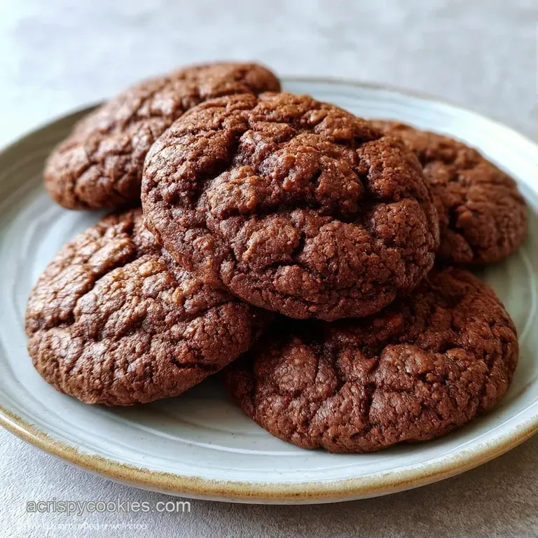 A stack of deep brown chocolate cookies on a white ceramic plate, paired with a glass of cold, creamy milk.