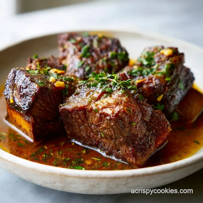 Succulent short ribs atop creamy mashed potatoes, garnished with bright green parsley. Deep, glossy sauce pools around the...