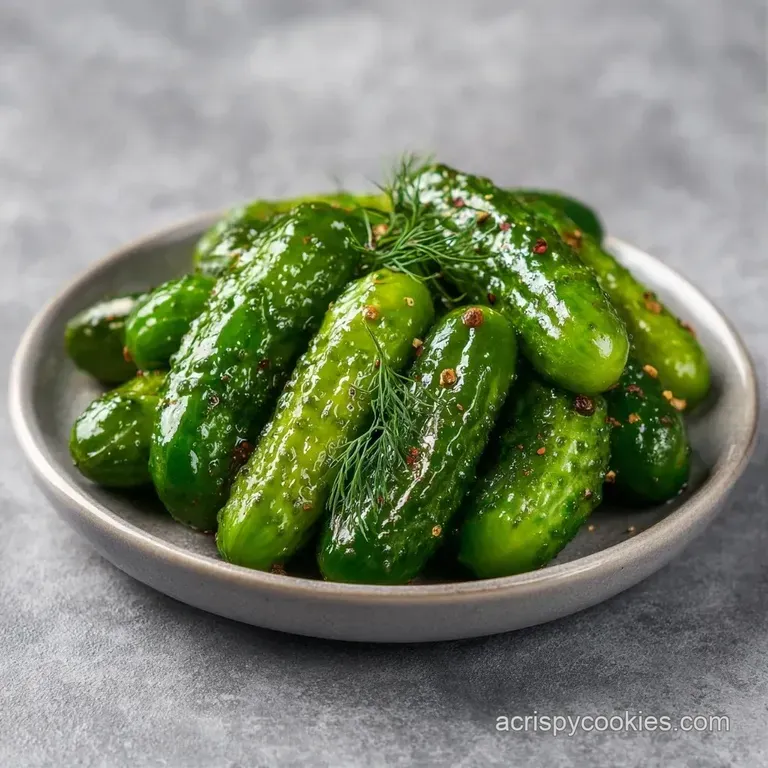 Slices of bright green pickle spears arranged on a white ceramic platter with fresh dill leaves and peppercorns.
