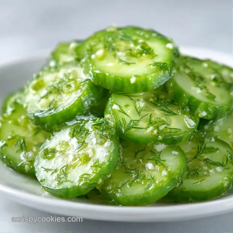 Crisp cucumber rounds arranged on a white ceramic plate with a sprinkle of cracked black pepper and fresh herbs.