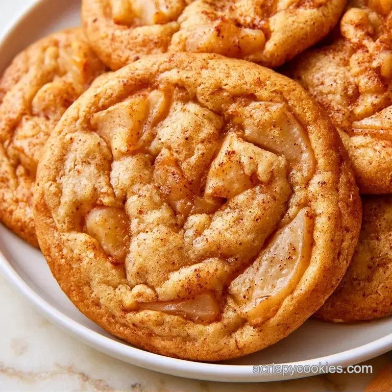 A stack of warm, cinnamon-dusted cookies on a white ceramic plate next to a glass of milk and a fresh pear slice.