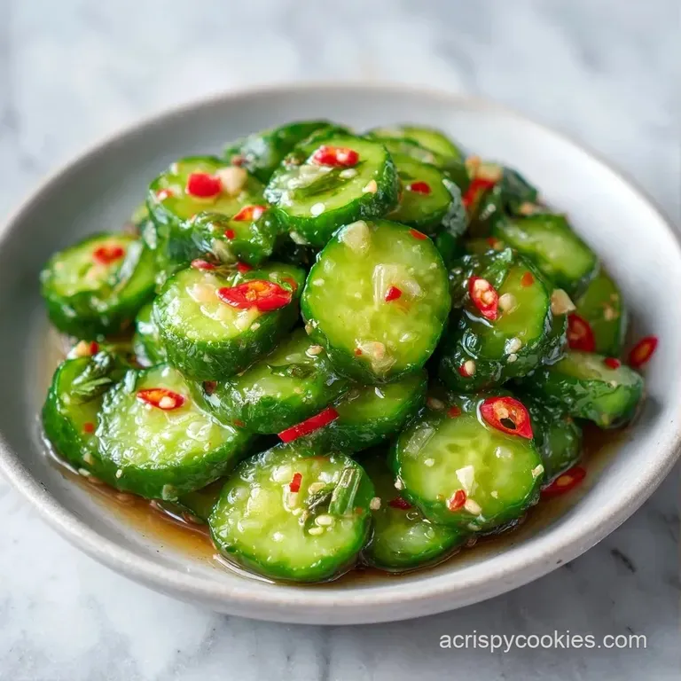 Bright green cucumber rounds stacked in a white bowl, drizzled with spicy oil and topped with fresh red chilies.