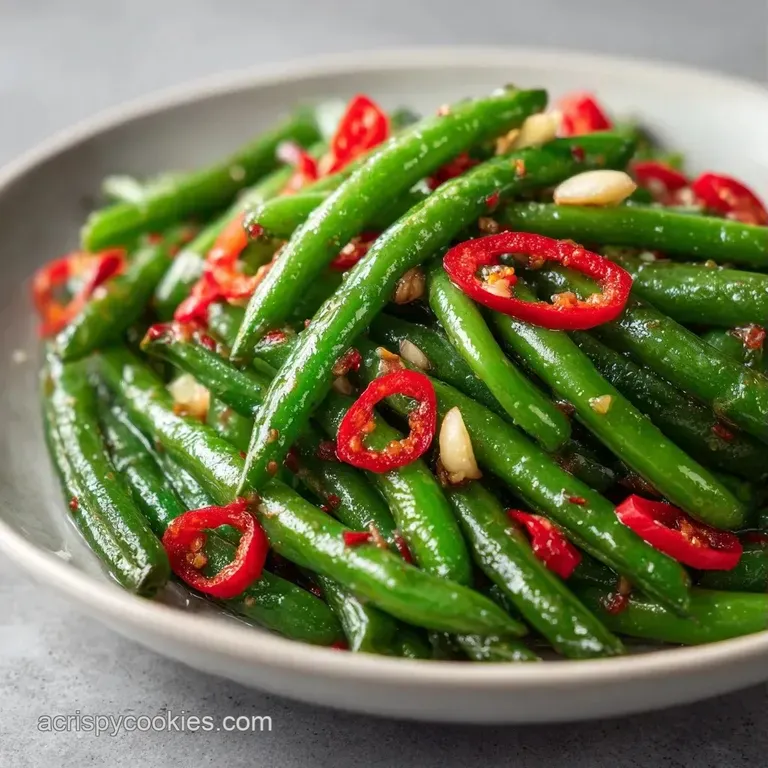 Bright green beans arranged on a white ceramic plate with a drizzle of clear brine and scattered red chili flakes.
