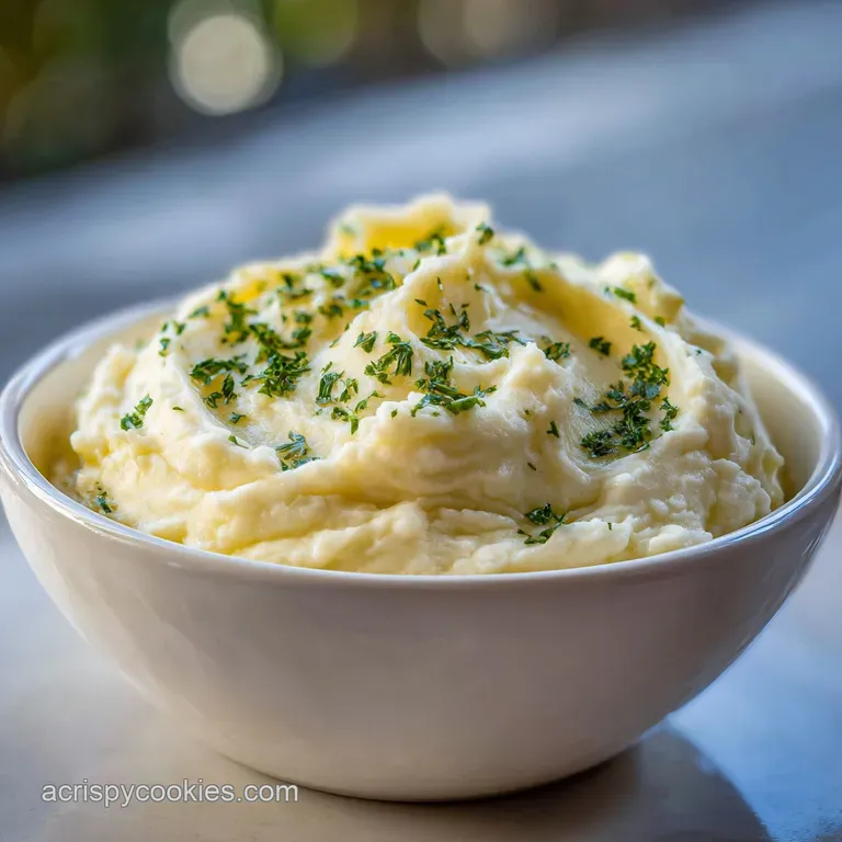 Mashed potatoes piped elegantly on a plate next to a juicy steak, garnished with fresh herbs. A comforting, upscale dish.