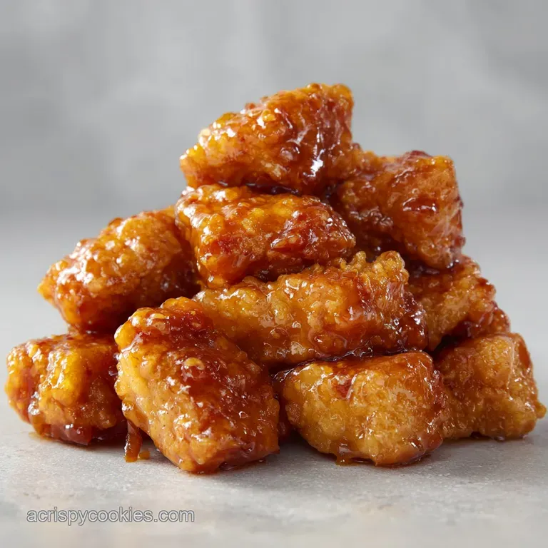 Glazed golden-brown chicken bites paired with vibrant green broccoli on a minimalist white plate with sesame seeds.