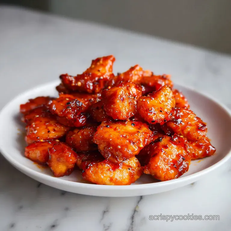Golden-brown glazed chicken arranged on a modern white plate, garnished with fresh green scallions and toasted sesame.
