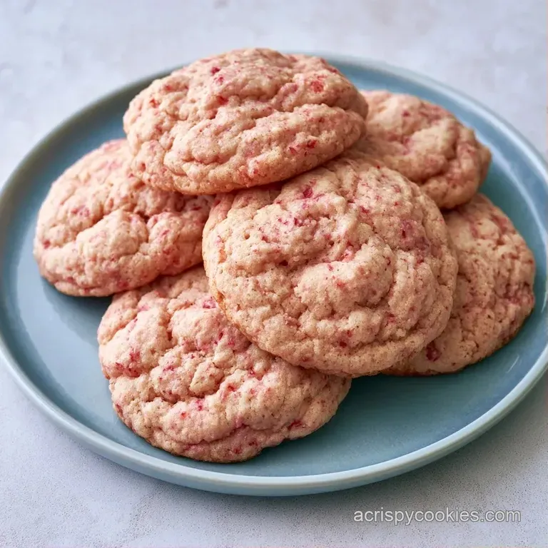 Soft, pale pink cookies arranged on a white ceramic platter with fresh sliced strawberries and a mint leaf garnish.