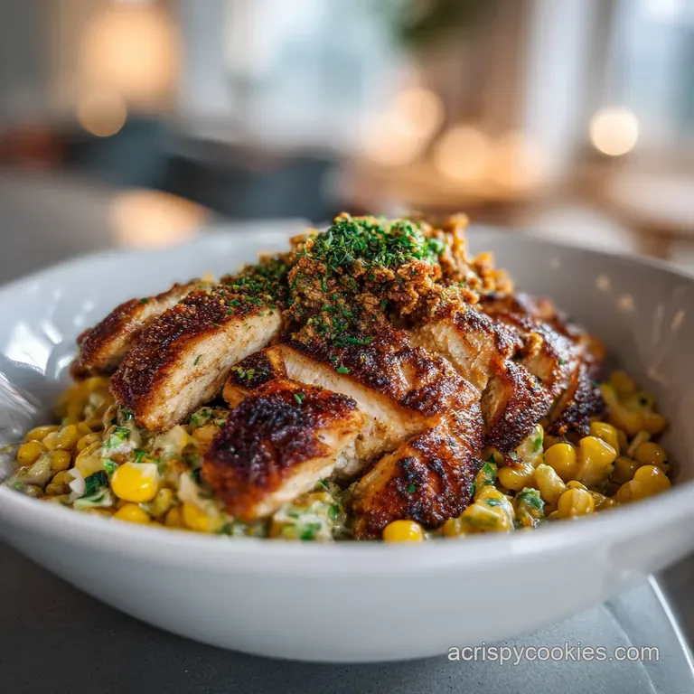 Tender pan-seared chicken pieces artfully arranged over fluffy white rice, topped with bright elote-style corn and garnishes.