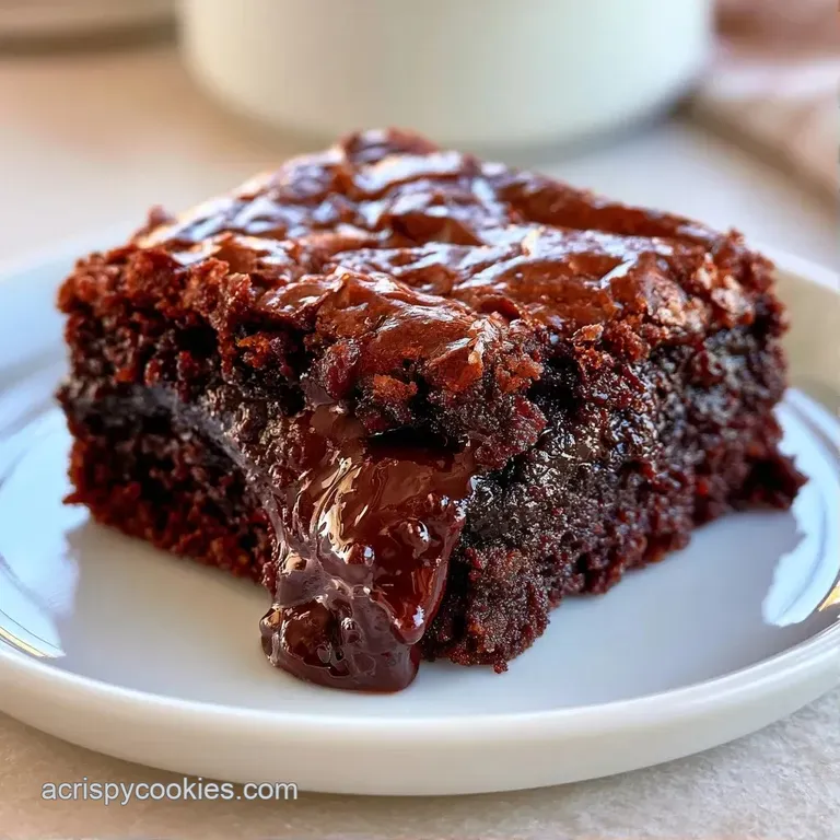 Thick square of dark chocolate cake on a white ceramic plate paired with a melting scoop of vanilla ice cream.