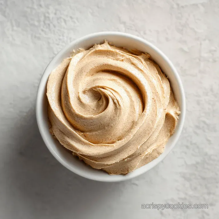 Velvety tan peanut butter mousse piped onto a white ceramic plate, garnished with a fresh mint leaf and cocoa drizzle.