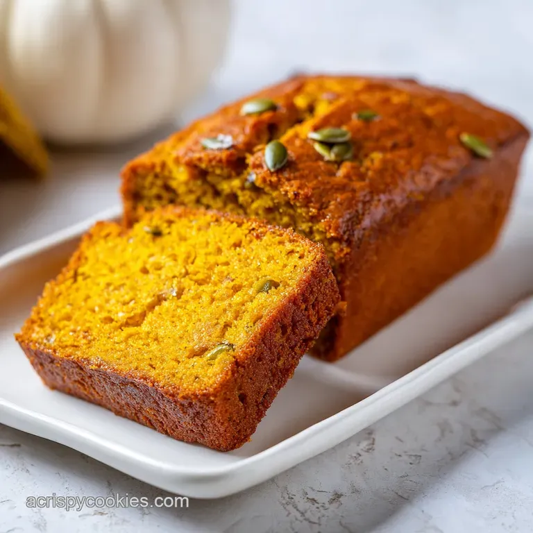 A thick slice of moist pumpkin bread, drizzled with white glaze, on a rustic wooden board.