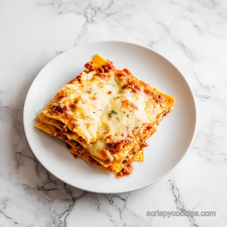 Slice of cheesy taco casserole on a white plate, topped with fresh cilantro and served with a dollop of sour cream.