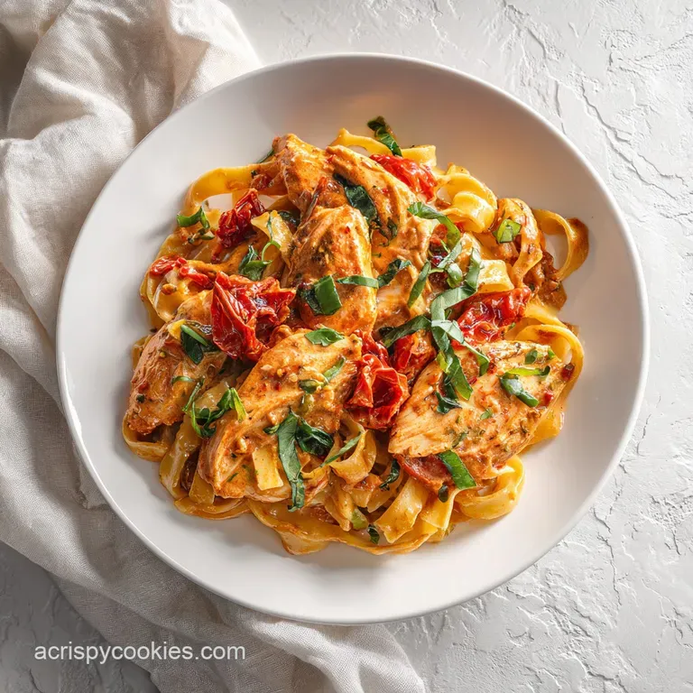A generous swirl of pink pasta topped with golden chicken pieces and fresh parsley, plated elegantly.