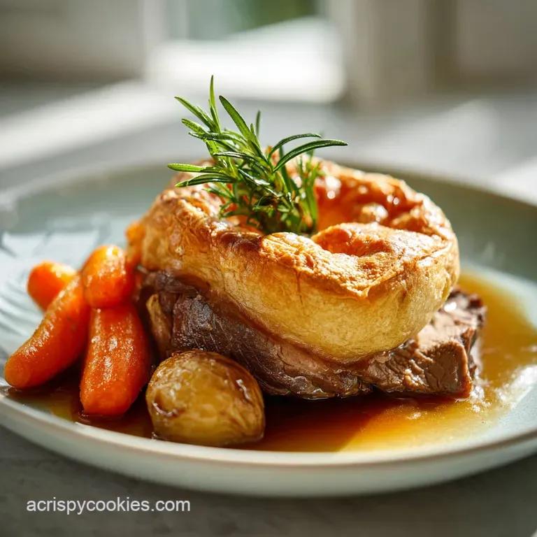 Perfectly plated roast: juicy chicken slices and golden potatoes drizzled with gravy, garnished with fresh herbs on a whit...