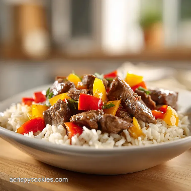 A generous serving of cheesy beef and peppers in a white ceramic bowl, garnished with a sprinkle of fresh parsley.