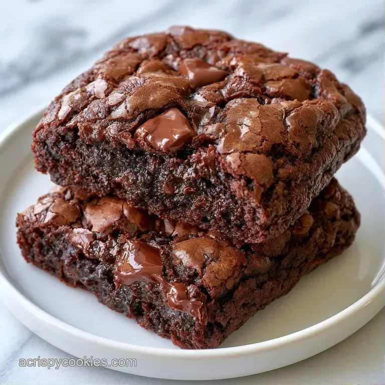 A stack of rich chocolate cookies on a white ceramic plate, dusted with powdered sugar and a side of fresh raspberries.
