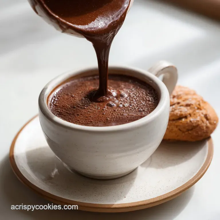 Steaming mug of rich, dark hot chocolate topped with fluffy white marshmallows, dusted with cocoa, and served with a candy...