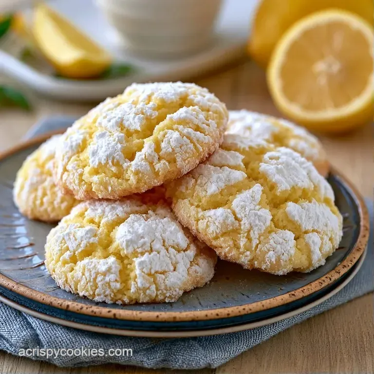 A stack of bright yellow cookies dusted in white sugar, garnished with fresh lemon slices on a slate platter.